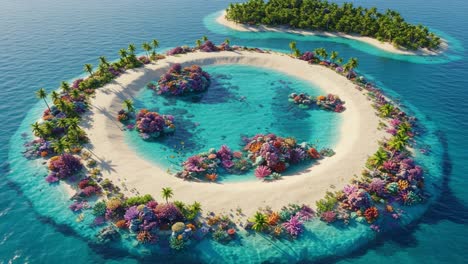 breathtaking aerial view of a tropical coral lagoon with lush islands and vibrant marine life surrounding a sandy beach paradise