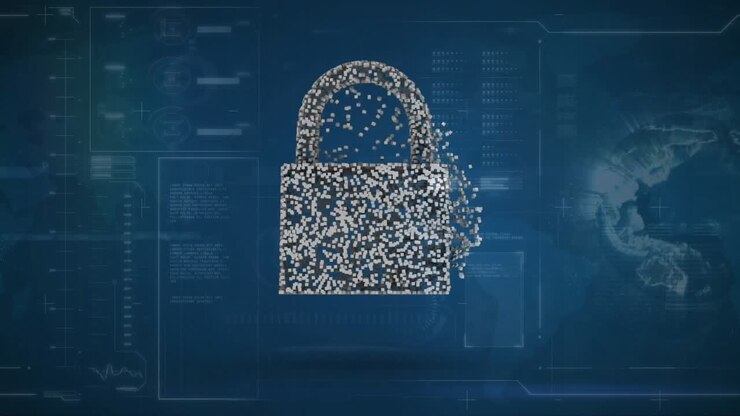 Animation of digital cloud and padlock over globe and data processing