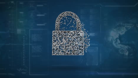 Animation of digital cloud and padlock over globe and data processing