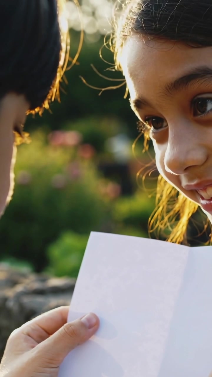 Vertical video: Raising folded sheet with hands, boy showing paper in garden, girl leaning to read