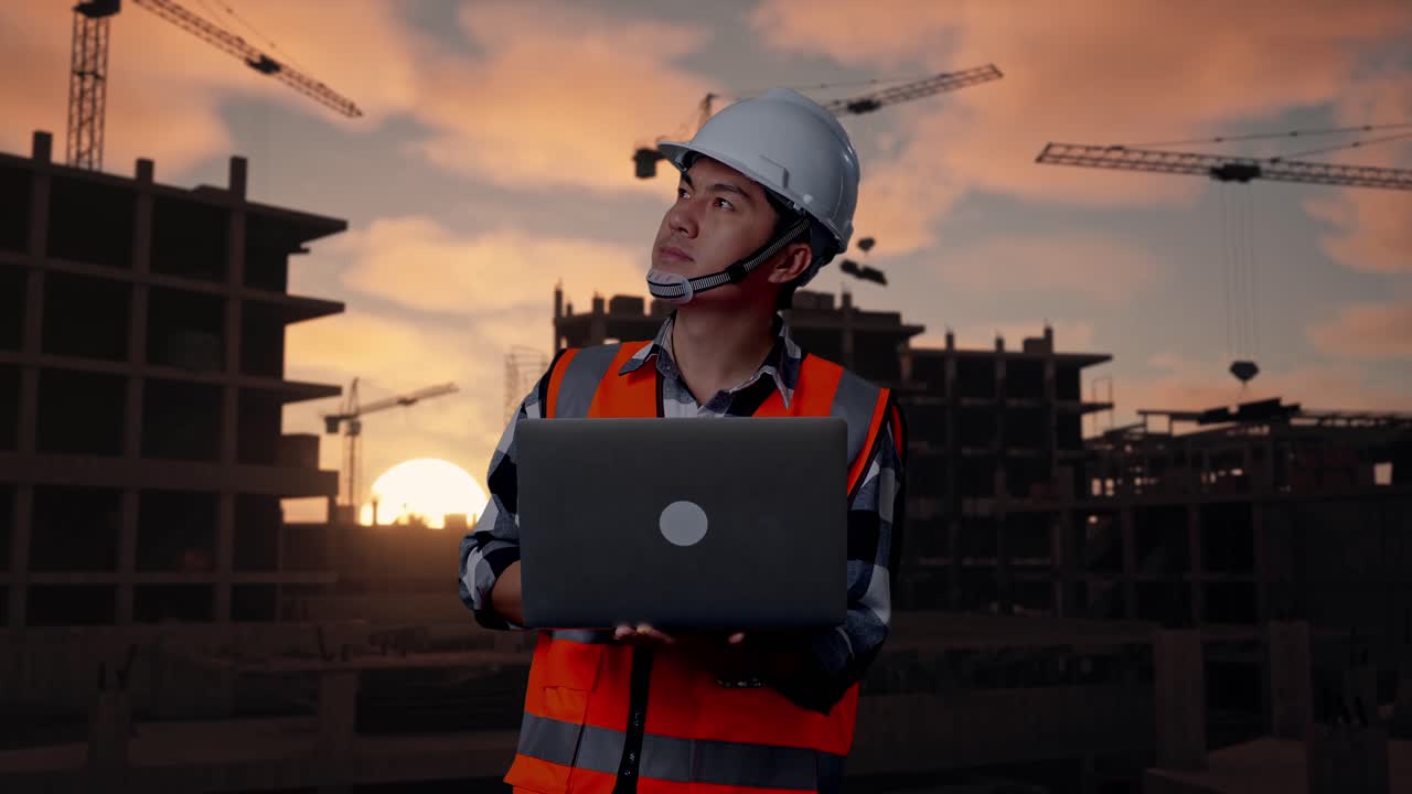 Asian Male Engineer With Safety Helmet Working On A Laptop And Looking Around While Standing At Building & Construction Site in Progress to New House