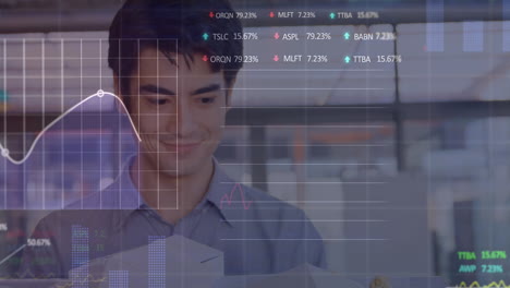 animation of financial data processing and statistics over biracial businessman