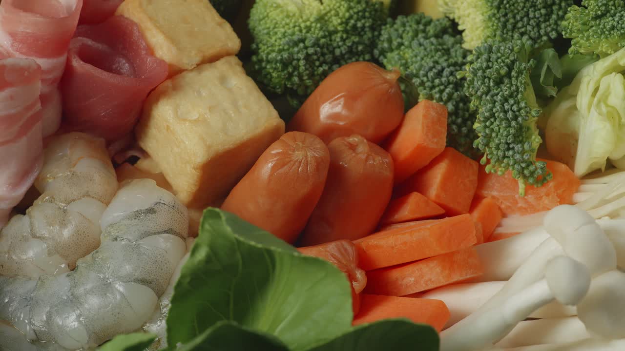 샤부 재료의 근접 촬영이 회전하고 있습니다.