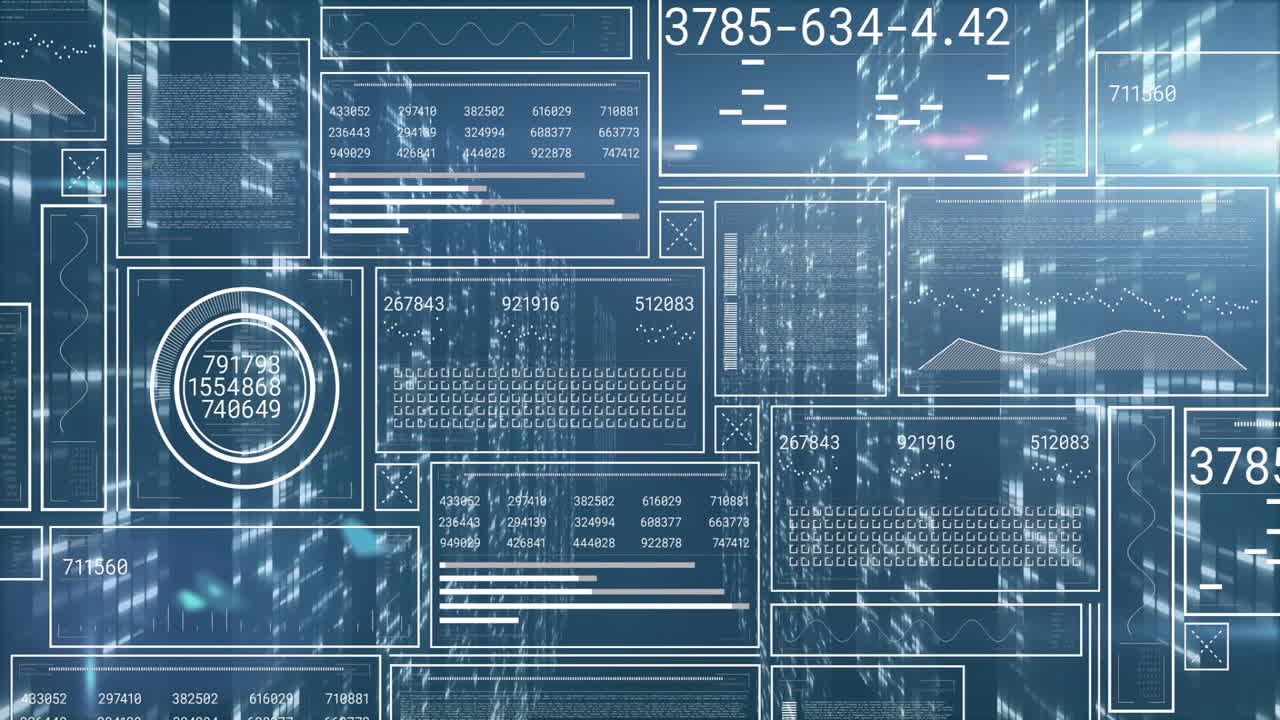 Processing digital data, animation with numbers and graphs on blue interface
