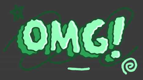 whimsical green 'omg!' text graphic on dark background
