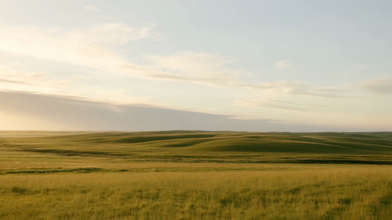 Golden Grassland Sunrise With Rolling Hills, Wide Cinematic Aerial View, Soft Cloud Streaks, Warm Sunlight