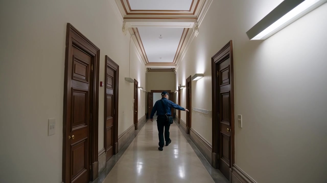 Início do turno, segurança uniformizado caminhando e patrulhando o corredor, verificando portas de madeira.