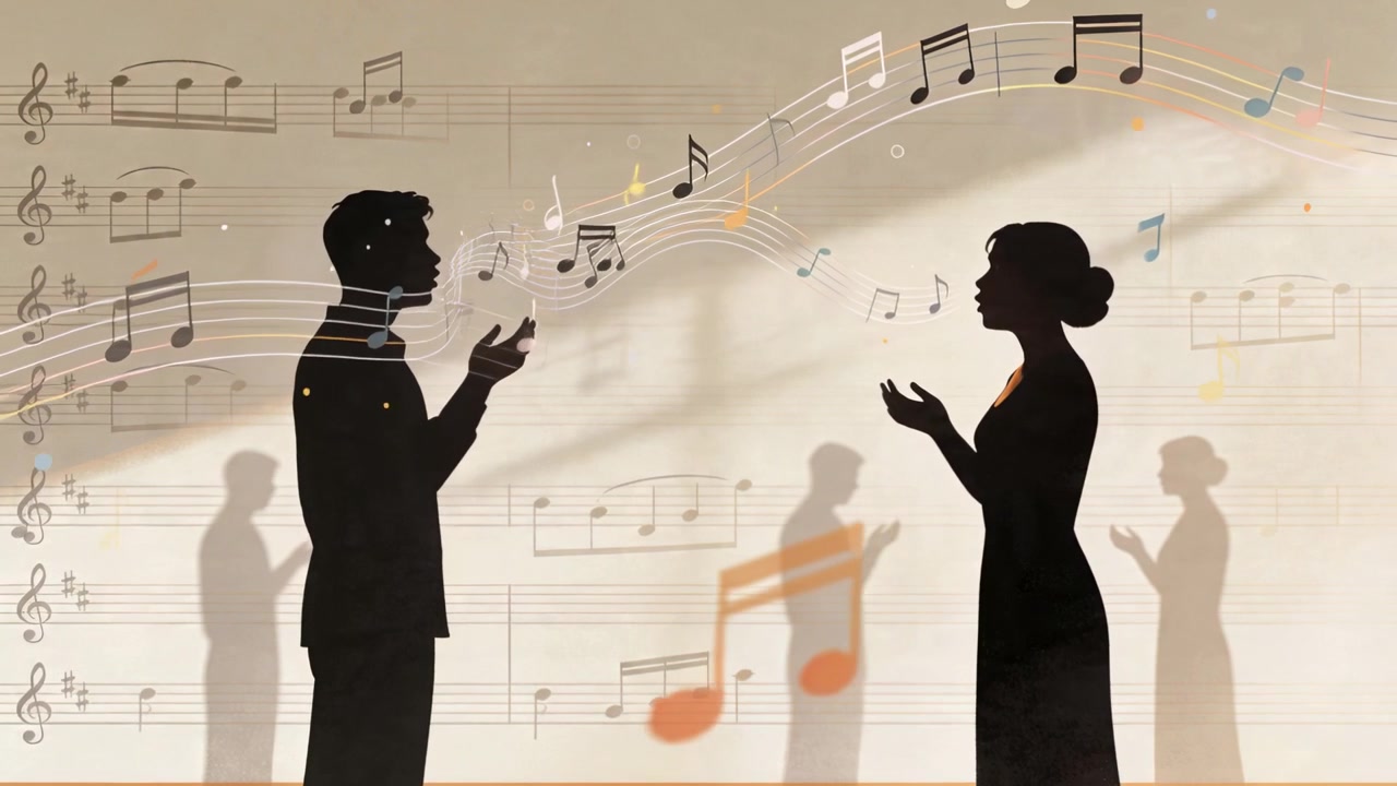 Singing duet emitting staff from male silhouette trading notes at music backdrop, suit dress bun