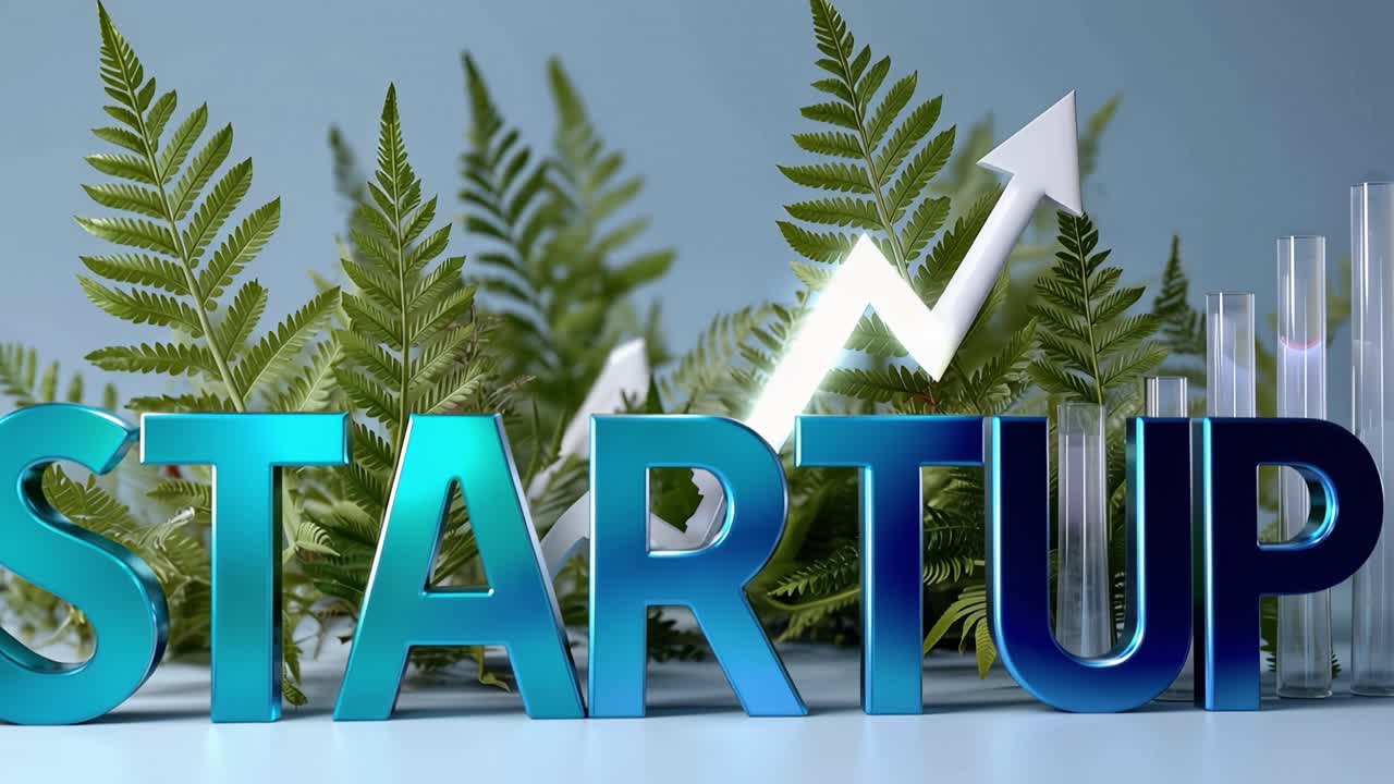 Startup letters glow blue beside green ferns. White arrow rises above bars, symbolizing growth. Background is soft, calming, and minimal. Natural elements contrast with business ambition