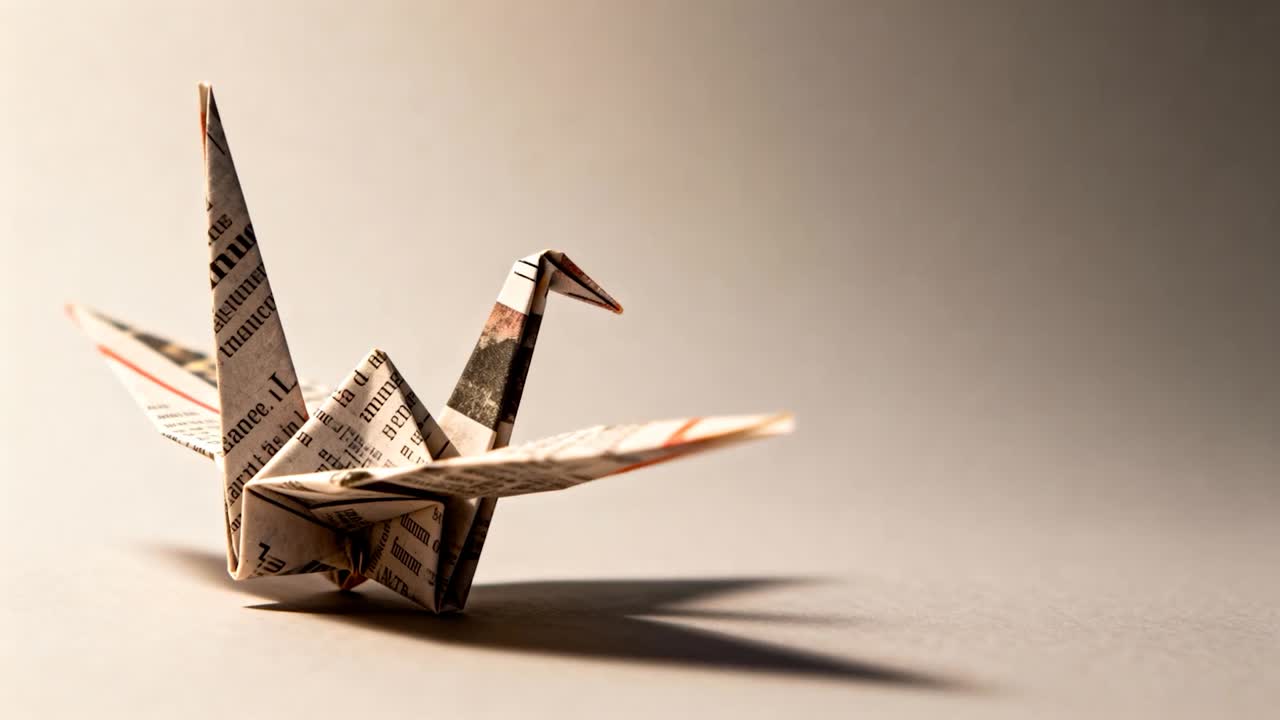 Pushing camera over table revealing origami crane on print under warm light showing text and shadow