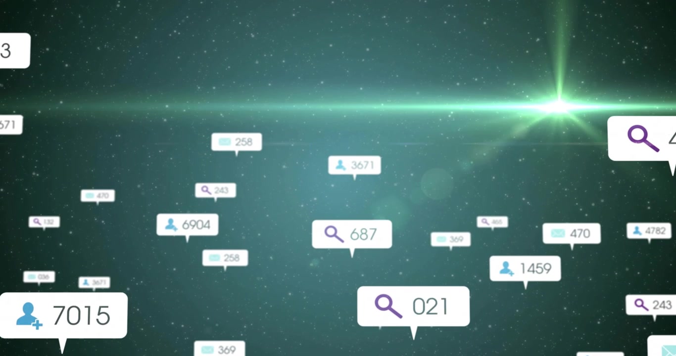 Começando com ícone de busca flutuando, ícones em movimento atualizando contagens sob um brilho verde mostrando mudança