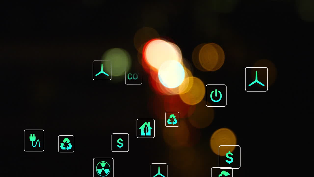 iconos animados ecológicos con luces bokeh en el fondo