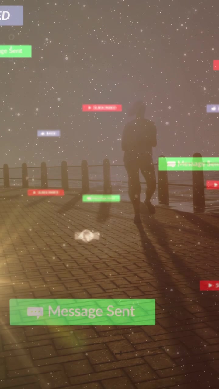 Vertical video: Mature woman walking seaside, movement causing tech chats floating, leading embrace