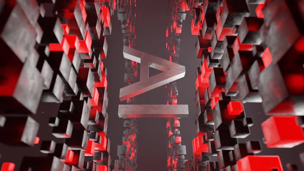 Letters AI in metallic 3D style inside abstract tunnel of red and black cubic blocks. Digital futuristic background. Artificial intelligence and machine learning concept. vertical