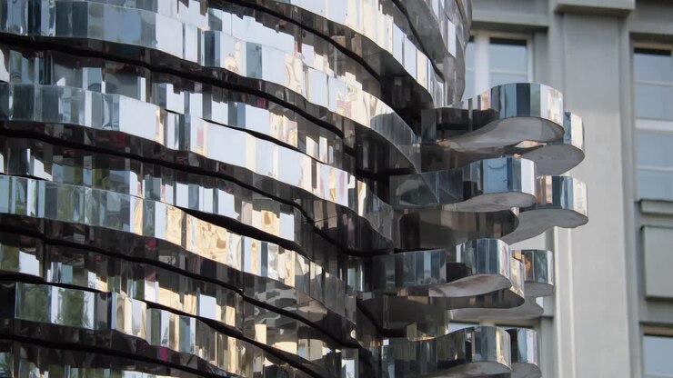 Scultura in metallo riflettente in ambiente urbano