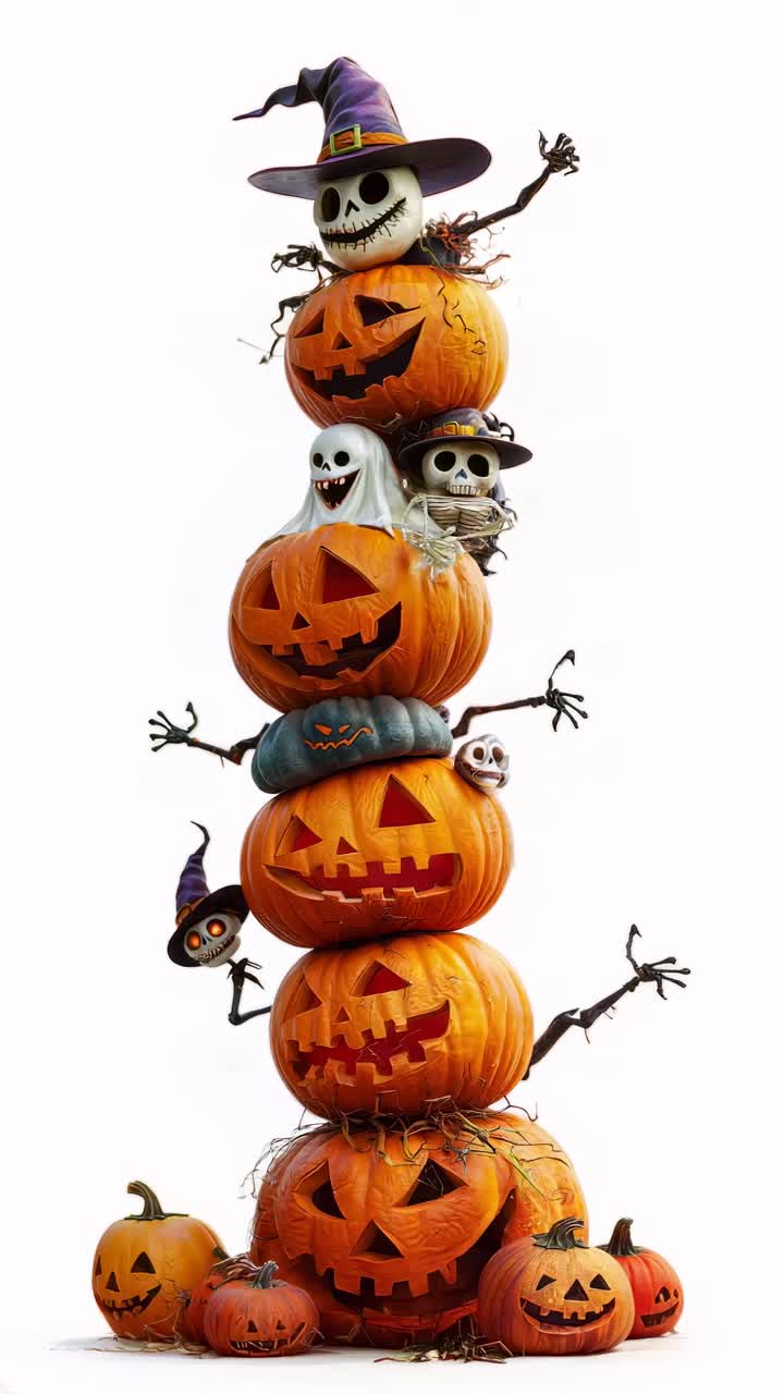 Stack of halloween pumpkins with ghosts and skeletons