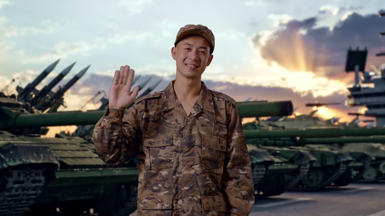 Soldato asiatico che sorride, saluta con la mano e dice ciao mentre è in piedi accanto a un carro armato