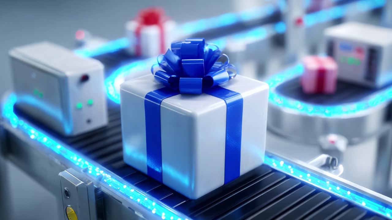 A Vibrant Assembly Line Showcasing Gift Boxes Moving Along a Futuristic Conveyor Belt, Highlighting the Joy of Gift-Giving and the Efficiency of Packaging Technology
