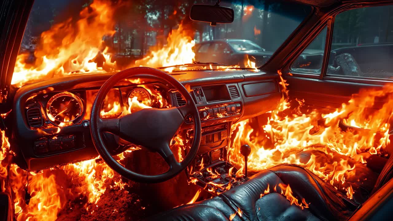 한 차가 도로 한가운데에서 불꽃에 싸여 있다