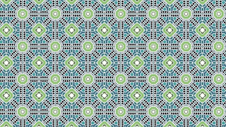 Animazione a scorrimento: motivo geometrico verde-blu su sfondo nero che scorre verso destra.