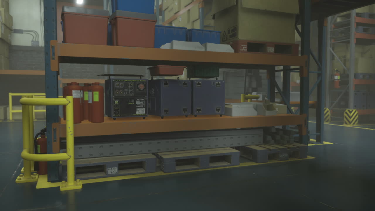 Shelves filled with storage containers in a busy warehouse environment