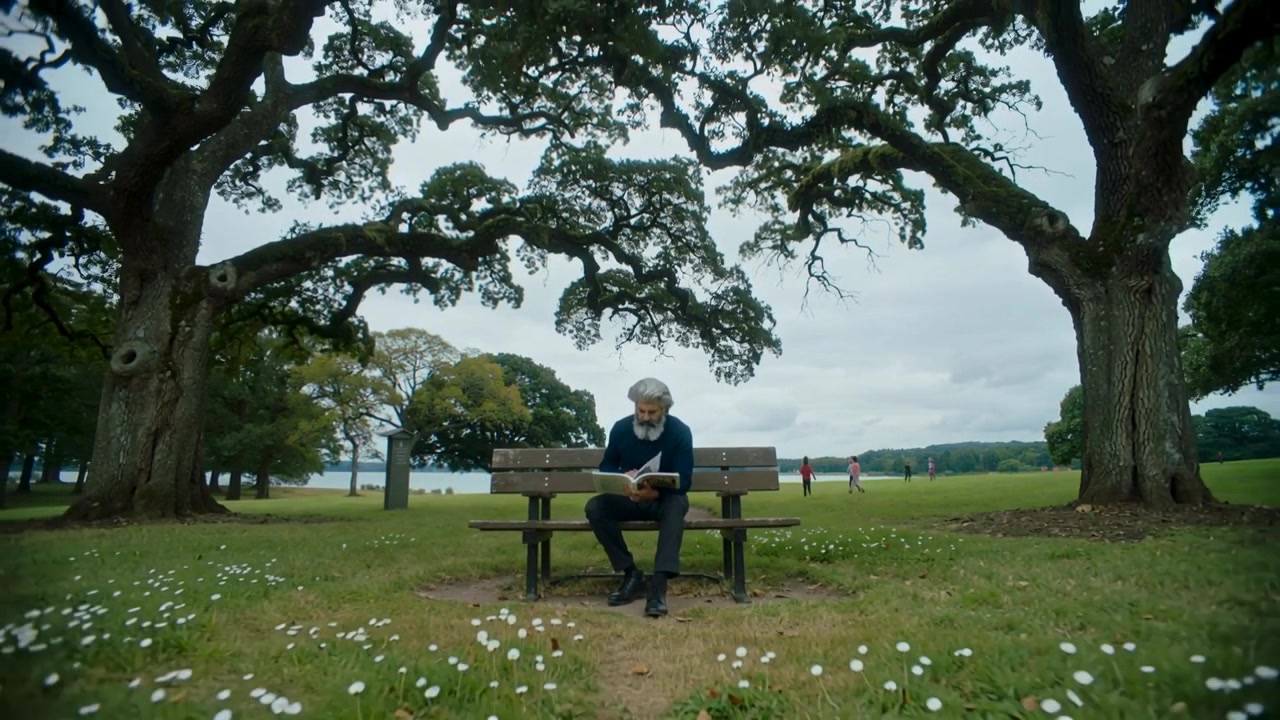 Camera pulling back, senior man in navy sweater sitting on park bench reading open book leisurely