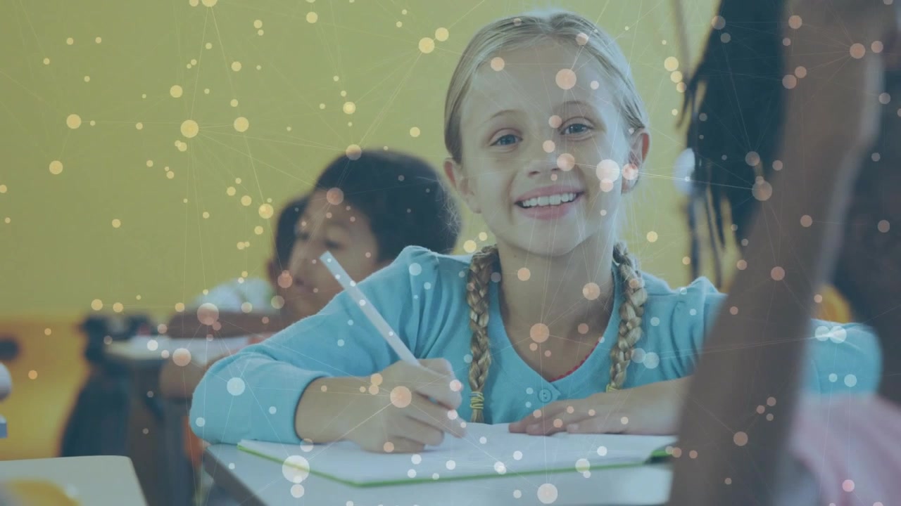Girl writing in school, noticing teacher gesture, smiling while floating lights marking notebook