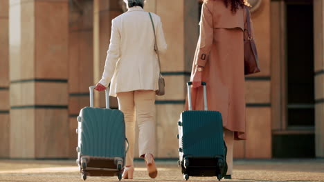 Women,-walking-and-city-travel-with-luggage