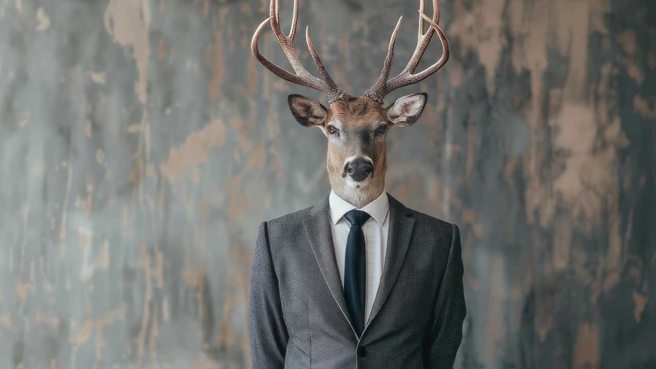 Deer businessman in tailored gray suit confidently posing against textured wall, blending wildlife elegance with corporate surrealism