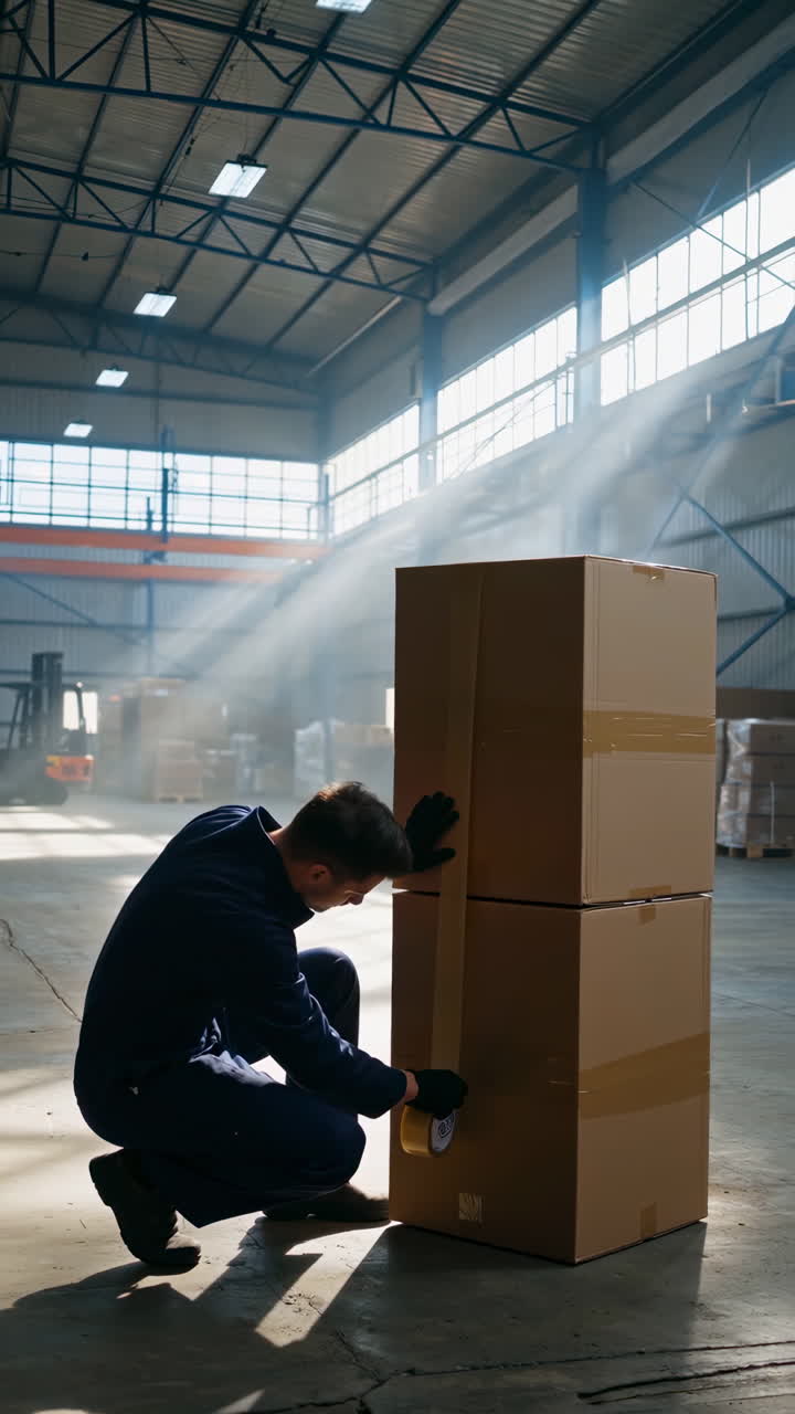 A man packaging boxes in a warehouse