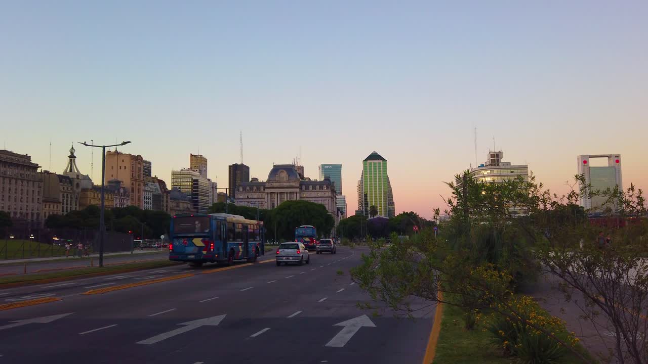 Panoramic Traffic Cityscape at Puerto Madero, Buenos Aires City Downtown in Sunset