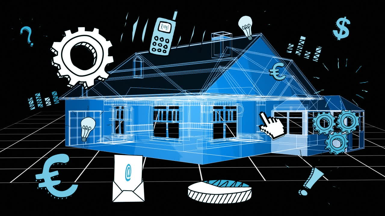 비즈니스 아이콘의 애니메이션과 3d 하우스 스피닝을 통한 데이터 처리