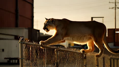 Cougar Climbing a Fence at Sunset