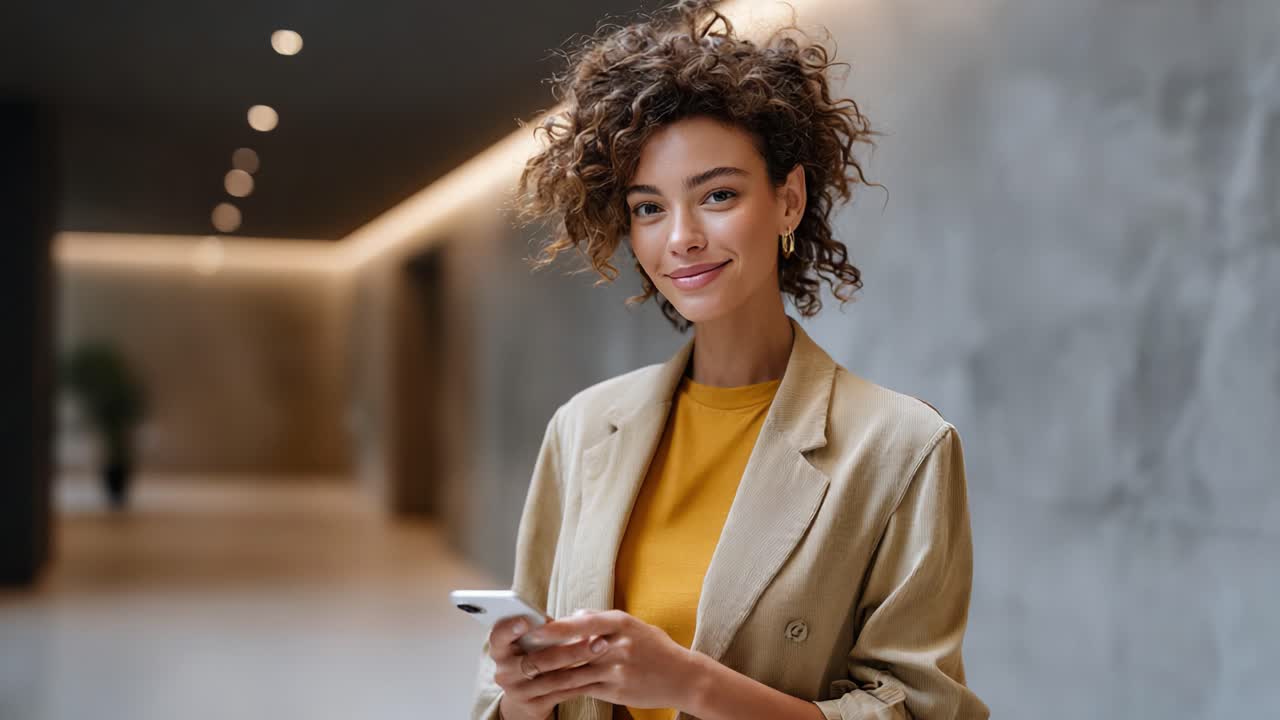 Donna sicura di sé in un elegante blazer che tiene in mano uno smartphone in uno spazio interno moderno con illuminazione soffusa, che esprime eleganza contemporanea e atmosfera professionale