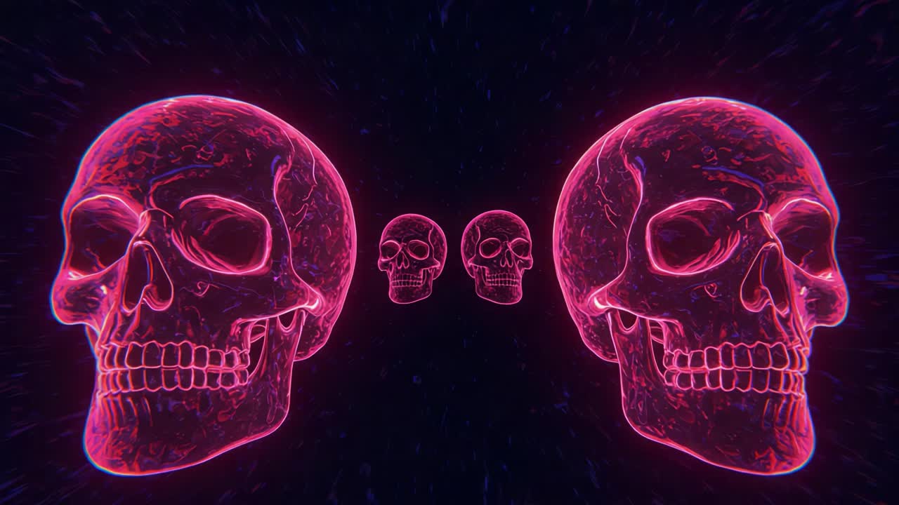 A Mesmerizing Display of Neon Illuminated Skulls Set Against a Dark Background, Showcasing Intricate Details and a Futuristic Vibe in Two Distinct Frames