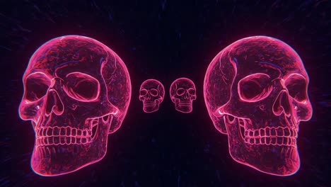 a mesmerizing display of neon illuminated skulls set against a dark background, showcasing intricate details and a futuristic vibe in two distinct frames