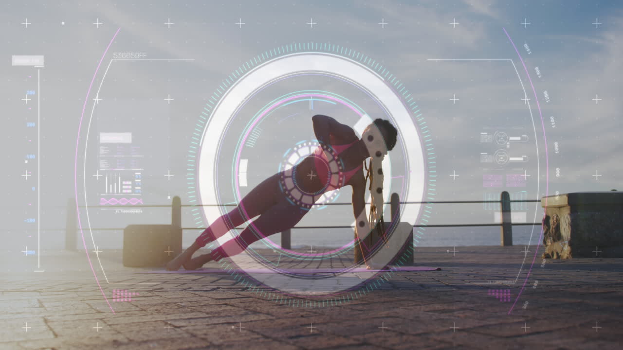 animación de estadísticas y gráficos sobre mujeres haciendo ejercicio en el paseo marítimo