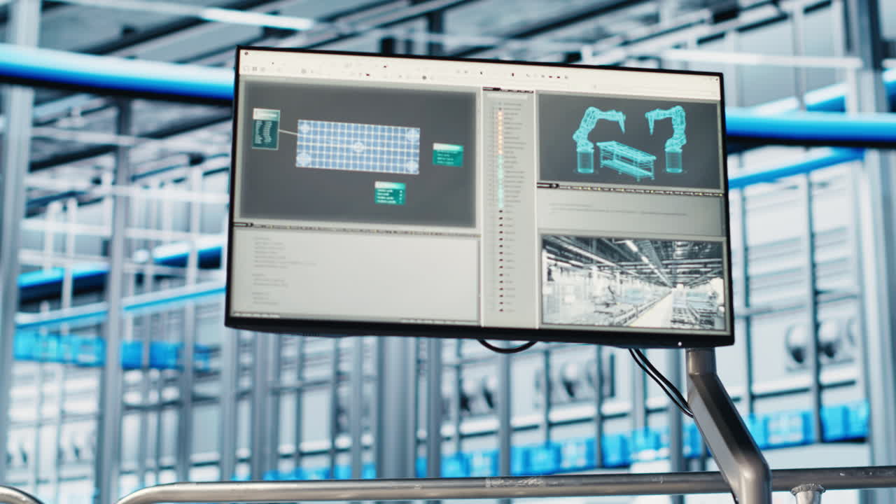 primer plano de una pantalla en una fábrica inteligente utilizada para probar sistemas automatizados