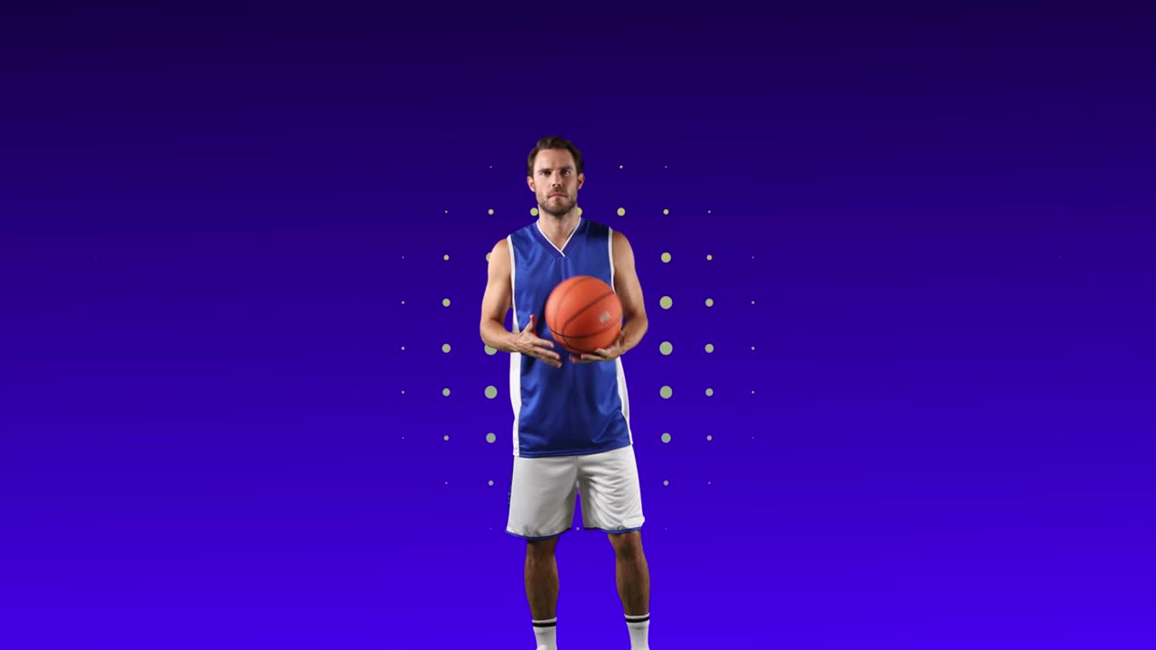 jugador de baloncesto masculino sobre filas de puntos azules y círculos