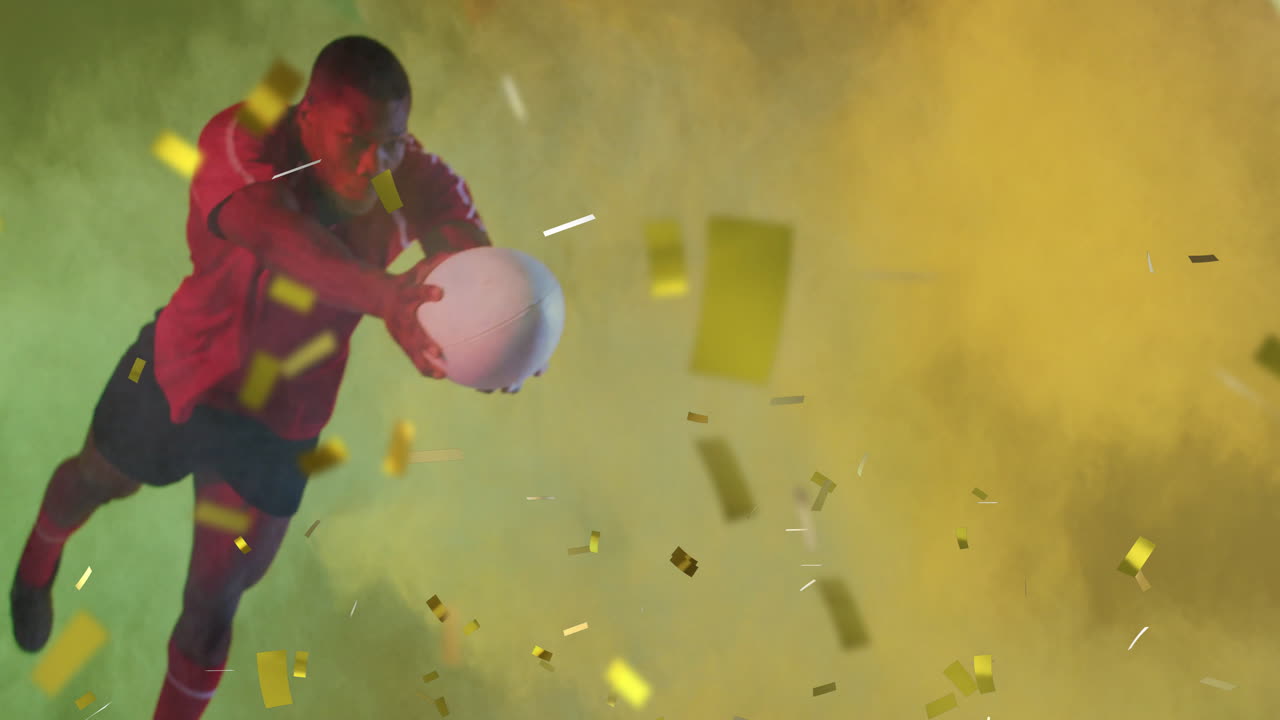animación de confeti sobre un jugador de rugby afroamericano