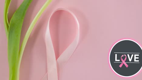 Animation-of-breast-cancer-awareness-text-over-flower-and-pink-breast-cancer-ribbon