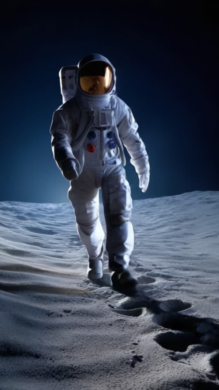 Astronaut Exploring Lunar Surface in Dark Space, Captures the Essence of Space Exploration and Human Curiosity with Footprints on the Moon's Landscape