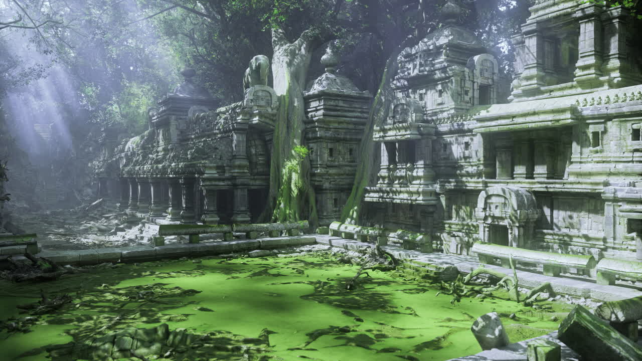 Thiên nhiên tái tạo ngôi đền cổ giữa màu xanh tươi mát và ánh sáng dịu nhẹ