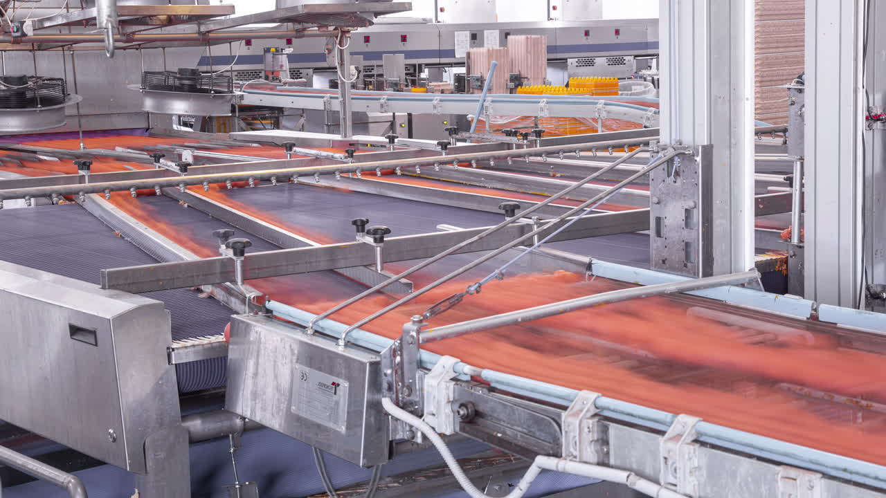 Time-lapse of eggs moving on a production belt inside a poultry farming facility