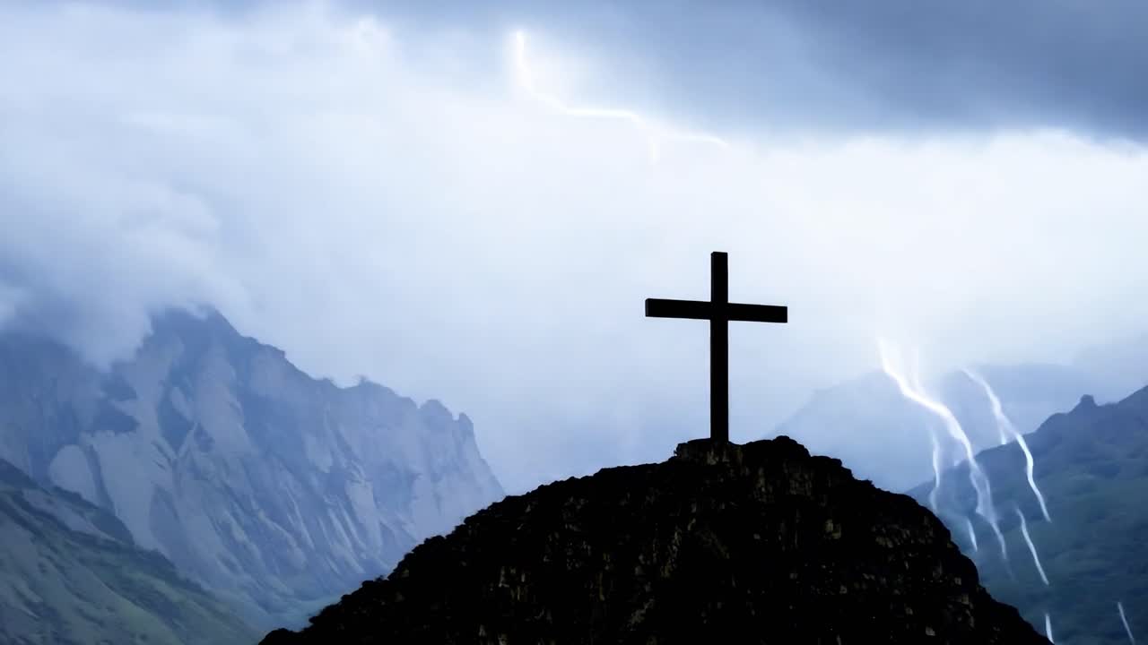 산꼭대기 위의 십자가 근처에 번개가 떨어지며, 극적인 구름과 격렬한 폭풍우 하늘에 둘러싸여 있습니다.