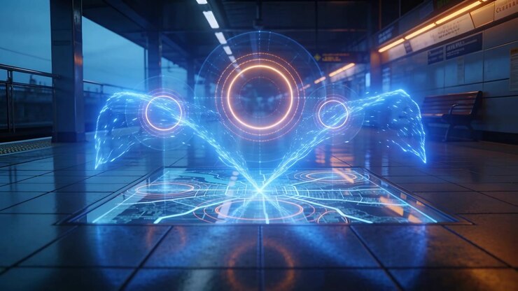 Brightening central ring emitting beams upward on subway platform, activating floor map circuitry