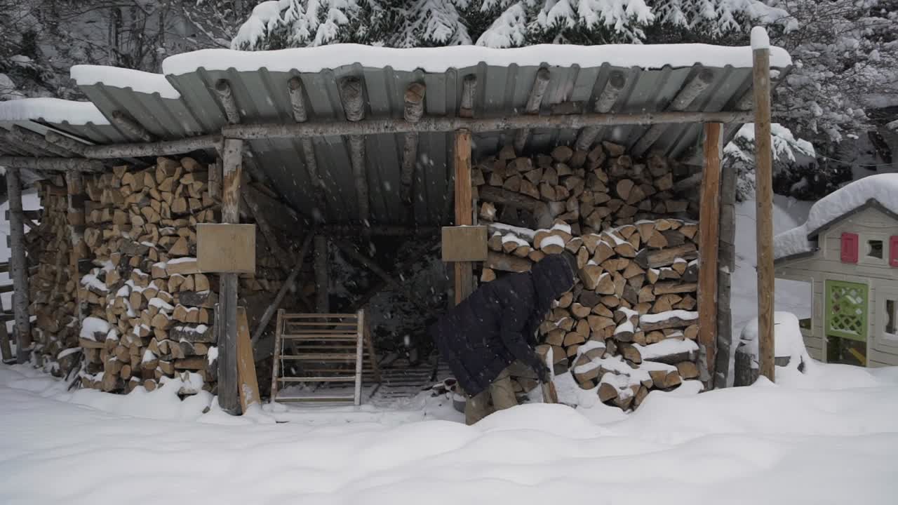 mujer tomando leña del cobertizo en invierno
