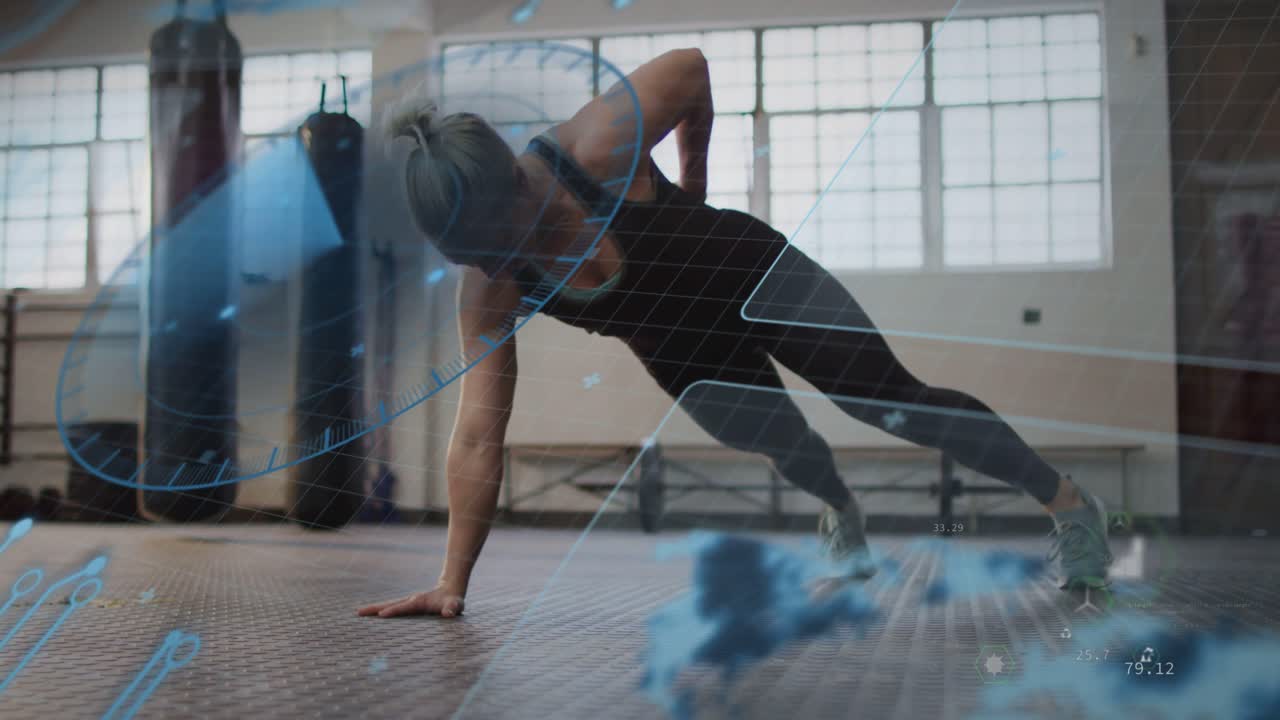 Vertical video: Woman shifting into rotating side-plank while HUD tracking fitness data for core