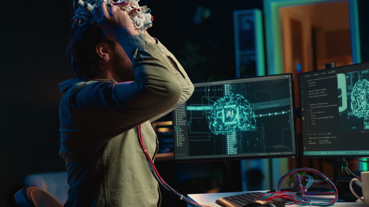 Man puts EEG headset on to transfer mind into computer virtual world