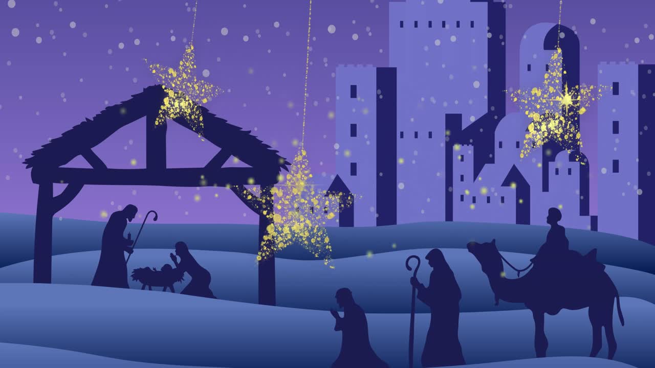 Animazione di stelle di Natale dorate che oscillano su una sagoma di presepe e una città viola